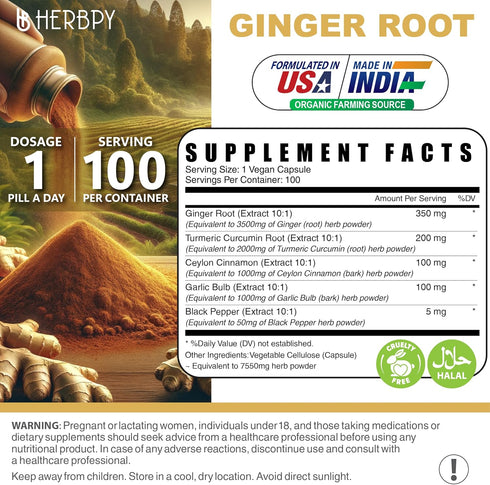 5in1 Ginger Supplement 7550mg - 100 Vegan Capsules for Digestion, Immune & Heart Health