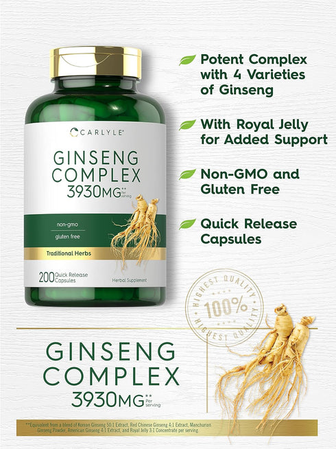Carlyle Ginseng Complex Capsules, 200 Count, Non-GMO, Gluten Free Extract