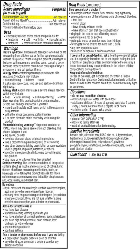 Excedrin Extra Strength Pain Relief Caplets for Headache, Acetaminophen 250mg, Aspirin 250mg, 200 Count