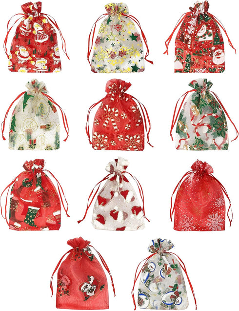 24PCS Christmas Organza Gift Bags - 4X6 with Drawstring, 11 Mix Pattern Small Goodie Candy Party Favor Xmas Bags