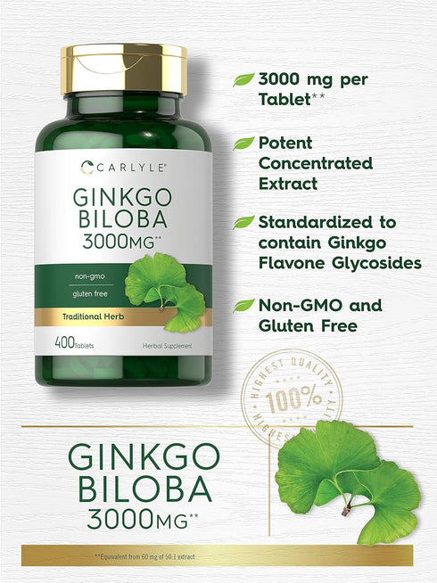 Carlyle Ginkgo Biloba 3000mg - 400 Tablets, Non-GMO, Gluten Free Supplement