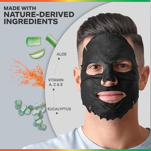 ODB for MEN Charcoal Essence Sheet Mask 24 PK - Hydrating Aloe & Purifying Vitamin Facial Mask for Bearded Men