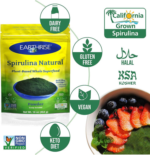 Earthrise Spirulina Natural Powder 16oz, Premium Vegan, Gluten Free, Keto Friendly, Non-GMO Super Food high in Vitamins