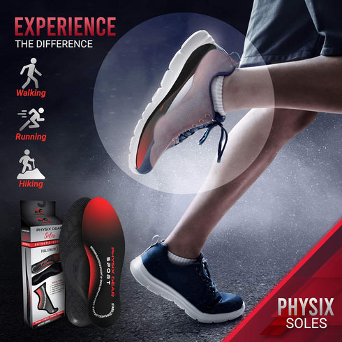 Physix Gear Orthotic Insoles for Men & Women - Arch Support Inserts for Plantar Fasciitis Comfort, Red/Black, S