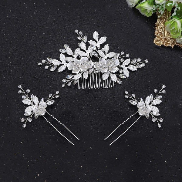 Oriamour Hair Side Combs with 2 Set Hair Pins, Bridal Hair Accessories Wedding Headpiece Set (Silver)