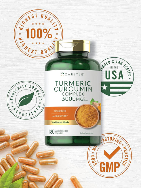 Carlyle Turmeric Curcumin 3000mg with Black Pepper - 180 Non-GMO Gluten Free Capsules, Curcuminoids & Bioperine