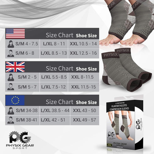 Physix Gear Sport Plantar Fasciitis Socks - Ankle Compression Sleeve with Arch Support for Men & Women, Black S/M
