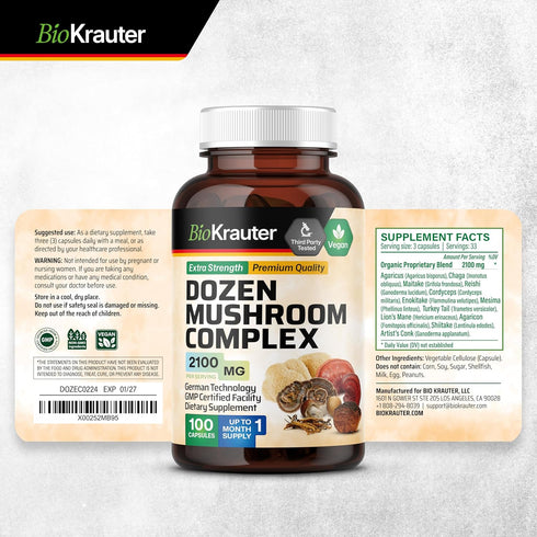 BIO KRAUTER Dozen Mushroom Complex Capsules, 2100 mg Blend, 100 Vegan Caps for Immune Support