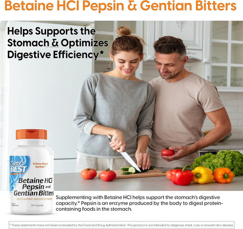 Doctor's Best Betaine HCI Pepsin & Gentian Bitters, Digestive Enzymes for Protein Breakdown, Non-GMO, Gluten Free