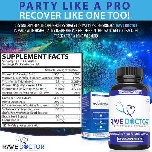 Rave Doctor 5 HTP Supplement - Essential Rave Vitamins for Festival Goers, Festival Essentials, 5htp Supplement