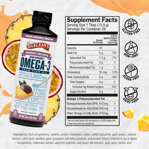 Barlean's Passion Pineapple Omega 3 Fish Oil Liquid Supplement, 1500mg EPA & DHA, 16 oz