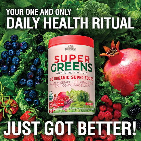 Country Farms Organic Super Greens Berry Flavor Drink Mix, 50 Organic Super Foods, 5g Fiber, USDA Organic