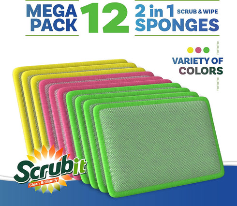 SCRUBIT 12 Pack Scrub and Wipe Cleaning Pads, Dual Sided Scouring Pad and Dish Sponge for Kitchen Utensils