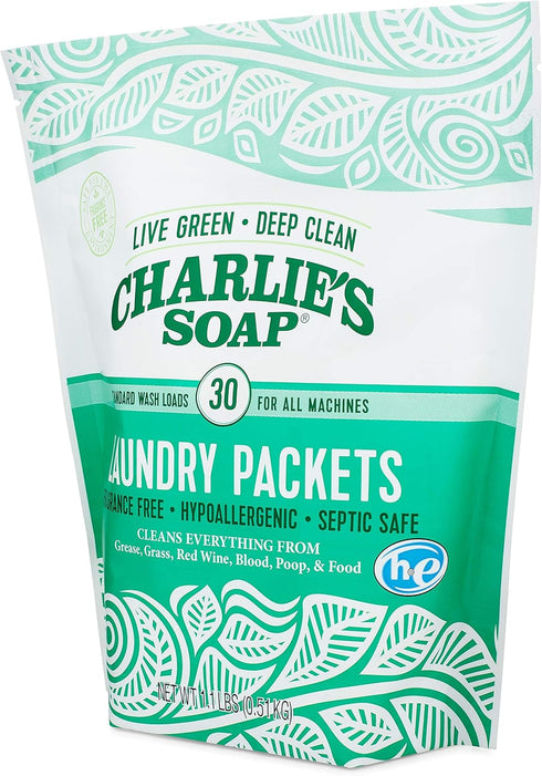 Packets 30 Count (2 Pack 60 Charlie's Soap - Unscented Powdered Laundry Total Loads)