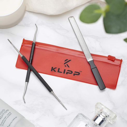 KLIPP Ingrown Toenail Tool Kit for Men and Women – Ingrowing Toe Nail Lifter, Rounded File, Metal Fingernail File for