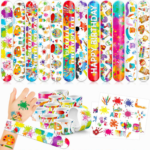 48PCS Art Party Favors: 24 Tattoos, 24 Slap Bracelets, Themed Birthday Supplies, Gifts for Girls Boys