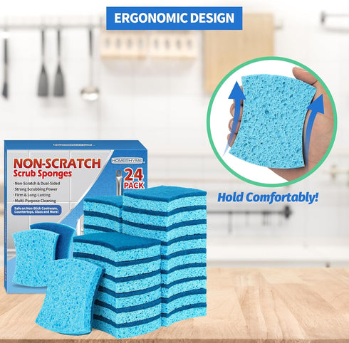 Non-Scratch Cellulose Scrub Sponges - 24 Pack, Kitchen Sponge with Double-Side & Ergonomic Design for Dishes and