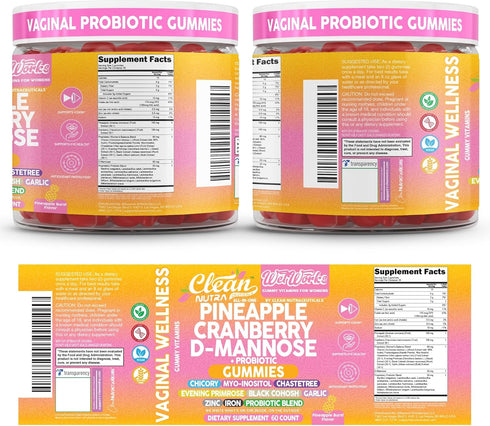 Gummies 60 Count Wet Works Women's Vaginal Probiotic Pineapple Cranberry Folic Acid D-Mannose Vitamin C Chicory Myo