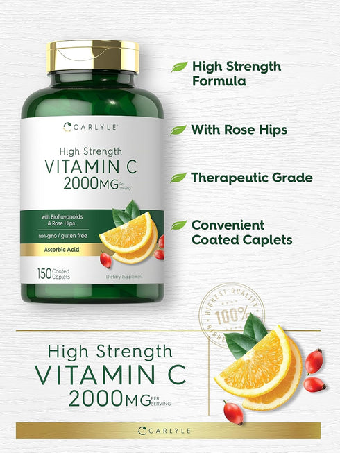 Carlyle Vitamin C 2000mg with Rose Hips, 150 Caplets, Vegetarian, Non-GMO, Gluten Free Supplement