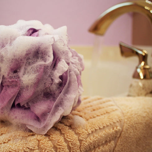 Loofah-Bath-Sponge Lace-Mesh-Set - 4 Pack Spa Colors, 2-Scrubs-in-1 by Shower Bouquet, 60g Pouf for Exfoliating Skin