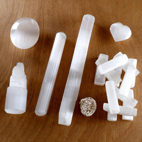DANCING BEAR Selenite Protection Collection (22 pc Set): 12-15 Sticks (1.5-2”), Palm Stone, Heart, Tower, 8" Stick,
