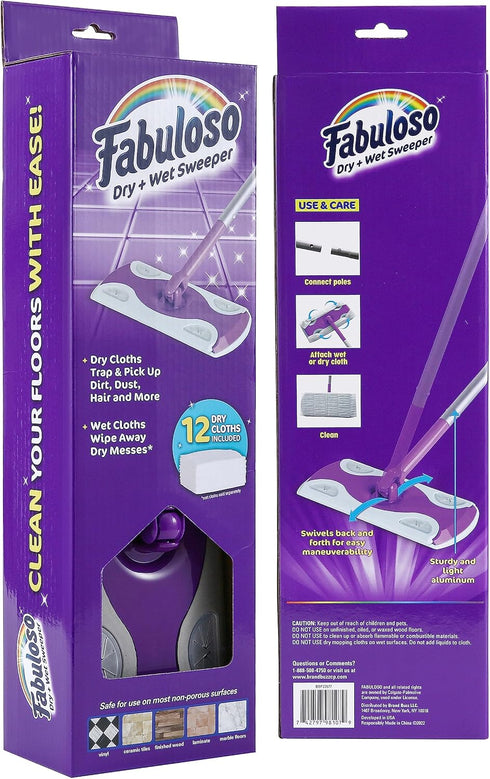 Fabuloso Dry and Wet Sweeper with 12 Dry Cleaning Pads, 2-in-1 Sweeping and Light Mopping, Lightweight, Purple