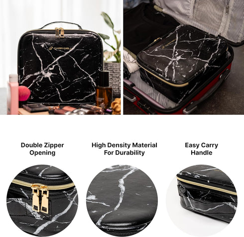 Makeup Train Case, Travel Cosmetic Organizer Bag with Adjustable Dividers for Brushes and Toiletries (1, Marble, Small)