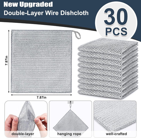 Navona 30 Pcs Double-Layer Steel Wire Dishcloth - New Upgrade Non-Scratch Cleaning Cloth for Cookware, Sinks, Dishes,