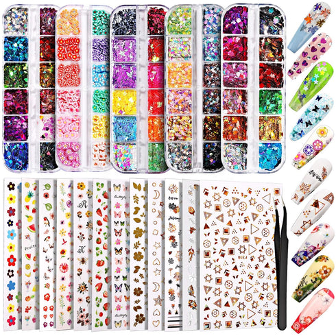 Teenitor 12 Sheets Nail Art Sticker, 3D Self-Adhesive Decoration with 5 Boxes Holographic Glitter Flakes and Nail Art