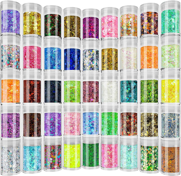 Holographic Chunky and Fine Glitter Mix, 45 Colors for Epoxy Resin Arts, Nail Glitter, Cosmetic and Body Glitter