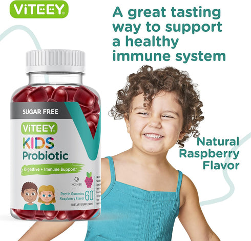 Probiotic Gummies for Kids - 2 Billion CFUs - Chewable Raspberry Flavored Gummy - Vegan, Gelatin Free, GMO Free -