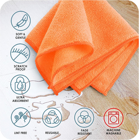 Hearth & Harbor Microfiber Cleaning Cloth, 12 Pack Washcloths, Orange Reusable Microfiber Towels for Cars