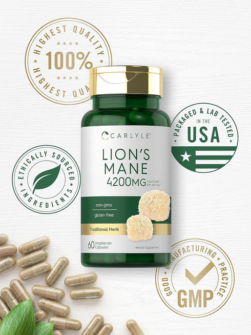 Carlyle Lions Mane Supplement Capsules | 4200mg | 60 Count | Vegetarian, Non-GMO, Gluten Free