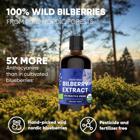Wild Bilberry Extract for Eyes, USDA Organic 3.4oz Liquid Supplement with High Bioavailability