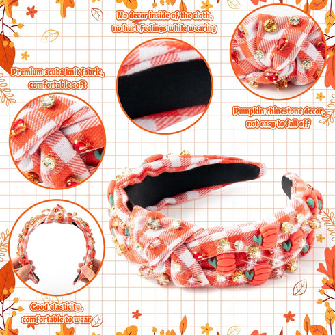 PANTIDE Thanksgiving Fall Jeweled Knotted Headband - Pumpkin Rhinestone Crystal Embellished Wide Top Knot Hair