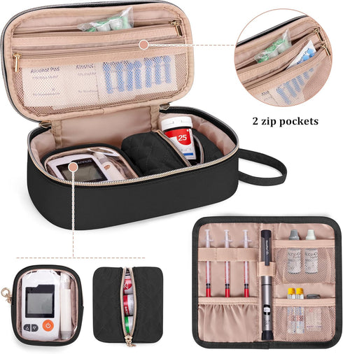 Yarwo Diabetic Travel Case for Blood Glucose Monitor, Test Strips, Insulin Syringes, Diabetes Supplies Storage Bag with 2 Detachable and 1 Folding Pouches for Diabetic Care Kits, Black (Bag Only)