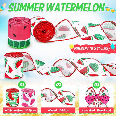 6 Roll 30 Yard Summer Wired Ribbon 2.5 Inch Watermelon Print Wired Edge Ribbons DIY Stripe Watermelon Ribbon Burlap Fruit Ribbon Roll Gift Wrapping Ribbon for Wreath Craft Baby Shower Party Decoration by Chunyin