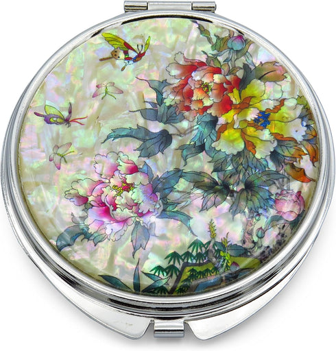 MADDesign Mother of Pearl Compact Makeup Mirror, Folding Magnify, Butterfly Flowers, Pink Yellow