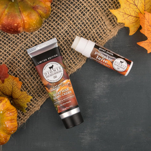 Dionis Goat Milk Skincare Hand Cream & Lip Balm Set - Caramel Pumpkin Spice Scented (1 oz & .28 oz) - USA Made