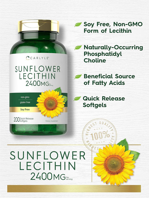 Carlyle Sunflower Lecithin Softgel Capsules, 2400mg, 200 Count, Non-GMO, Soy Free, Gluten Free Supplement