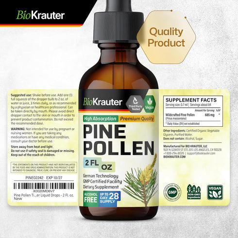 Pine Pollen Tincture - Organic Pine Pollen Powder Liquid Extract for Immune Support, 2 Fl.Oz.