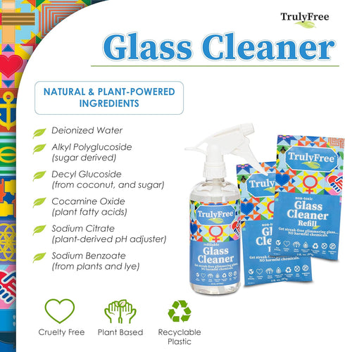 Natural Glass Cleaner Spray for Home, Office & Garage, Removes Dirt & Debris, Includes 1 Refillable Bottle & 2 Refills