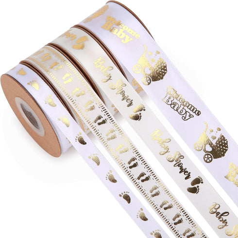 40 Yards Baby Shower Ribbon Welcome Baby White and Gold Ribbon Assorted Foot Print Ribbons for Crafts Cake Birthday,Gift Wrapping, Party Decoration (White) by Meseey