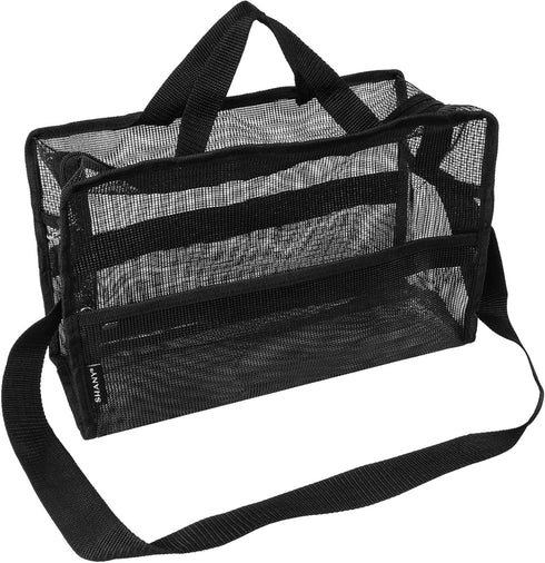 SHANY Collapsible Makeup Tools Travel Mesh Bag – Large See-Thru Travel Tote with Shoulder Straps – Water-Resistant with Zippered Pockets – Black