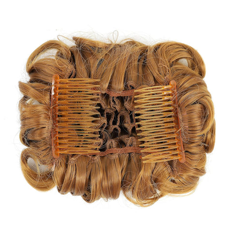 SWACC Short Messy Curly Dish Hair Bun Extension, Easy Stretch Combs, Clip in Ponytail, Strawberry Blonde-27#