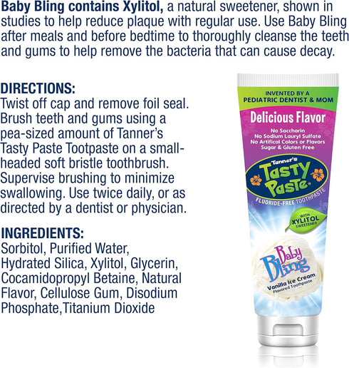 Tanner's Tasty Paste Baby Bling - Anticavity Fluoride-Free Vanilla Flavored Toothpaste for Kids, 4.2 oz