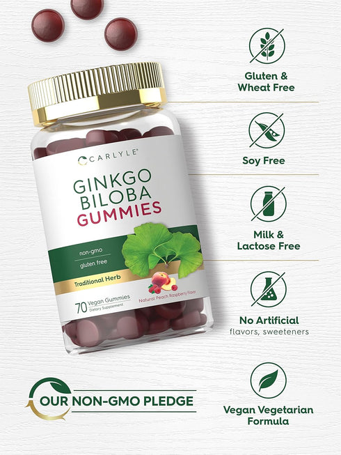 Carlyle Ginkgo Biloba 300mg | 70 Gummies | 45:1 Leaf Extract with Peach Raspberry Flavor | Vegan, Non-GMO, Gluten Free