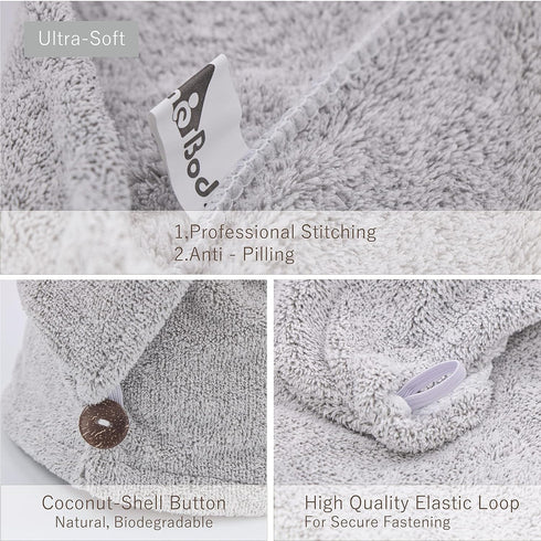 myHomeBody Hair Towel Wrap - Luxury Quick Drying Turban, Ultra Soft Charcoal Fiber Cap with Coconut Shell Button, 2 Pack