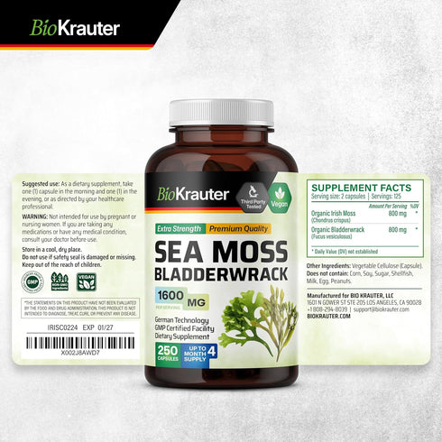 BIO KRAUTER Irish Sea Moss Capsules, 1600 mg - 250 Count - Vegan Bladderwrack with Chondrus Crispus