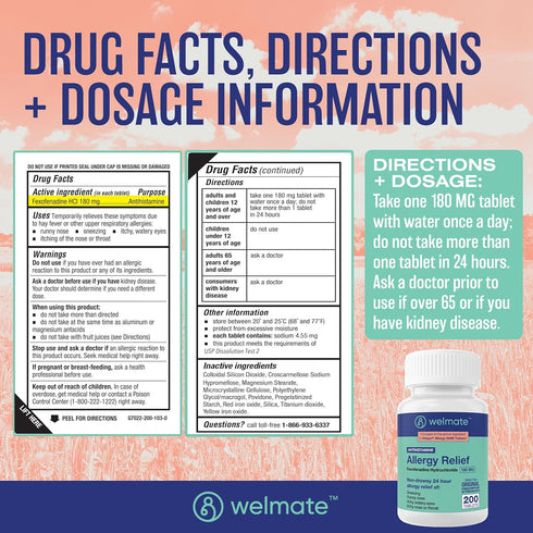 WELMATE Allergy Relief - Fexofenadine HCl 180 mg, Non-Drowsy Antihistamine, 200 Count Tablets